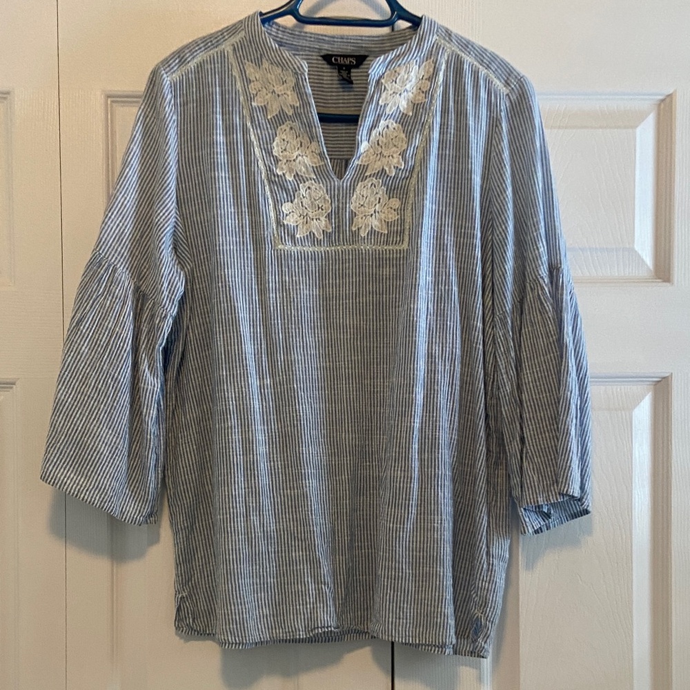 Chaps Blue and White Embroidered Blouse